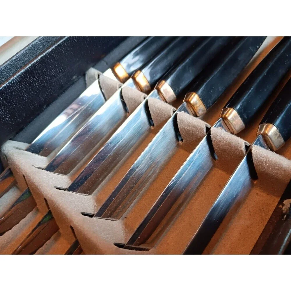 Vintage 1950 MCM Imperial Stainless 6 Carving Steak Knives & Meat Fork Set of 9